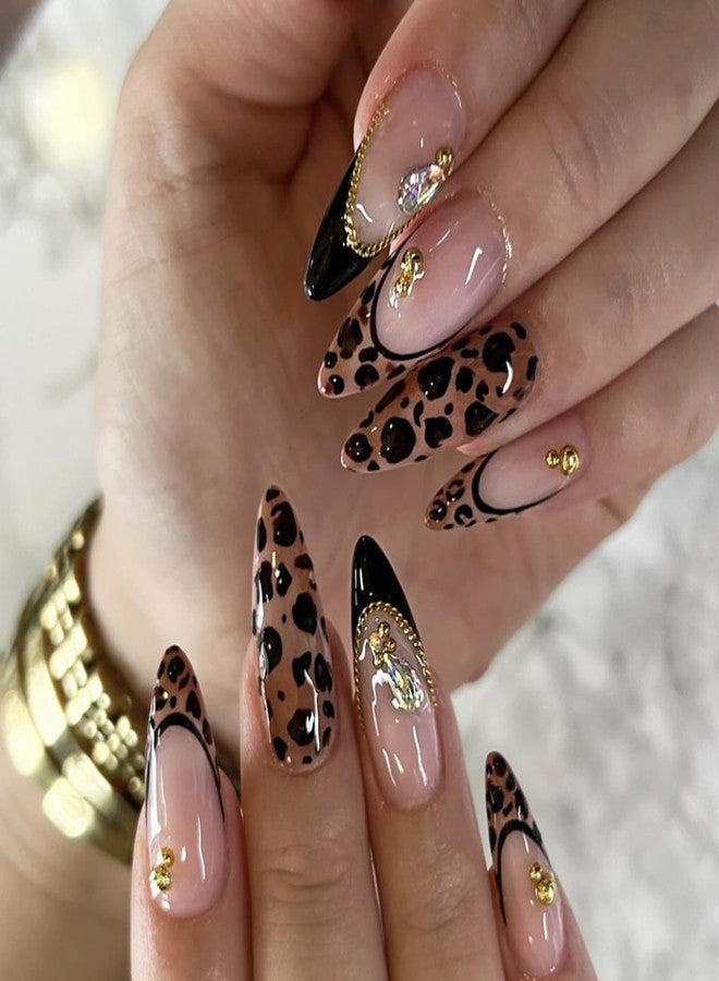 CJDLTS 24Pcs French Black Leopard Print Press on Nails Medium Artificial Almond Acrylic Fake Nails Gold Beads Stick on Nail Full Cover Metal Chain Reusable Coffin Artificial Fingernails for Women Manicure - Image 1